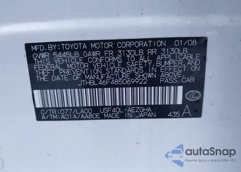 2009 Lexus Is 250 z USA, uszkodzony, nr VIN JTHCK262X95033422